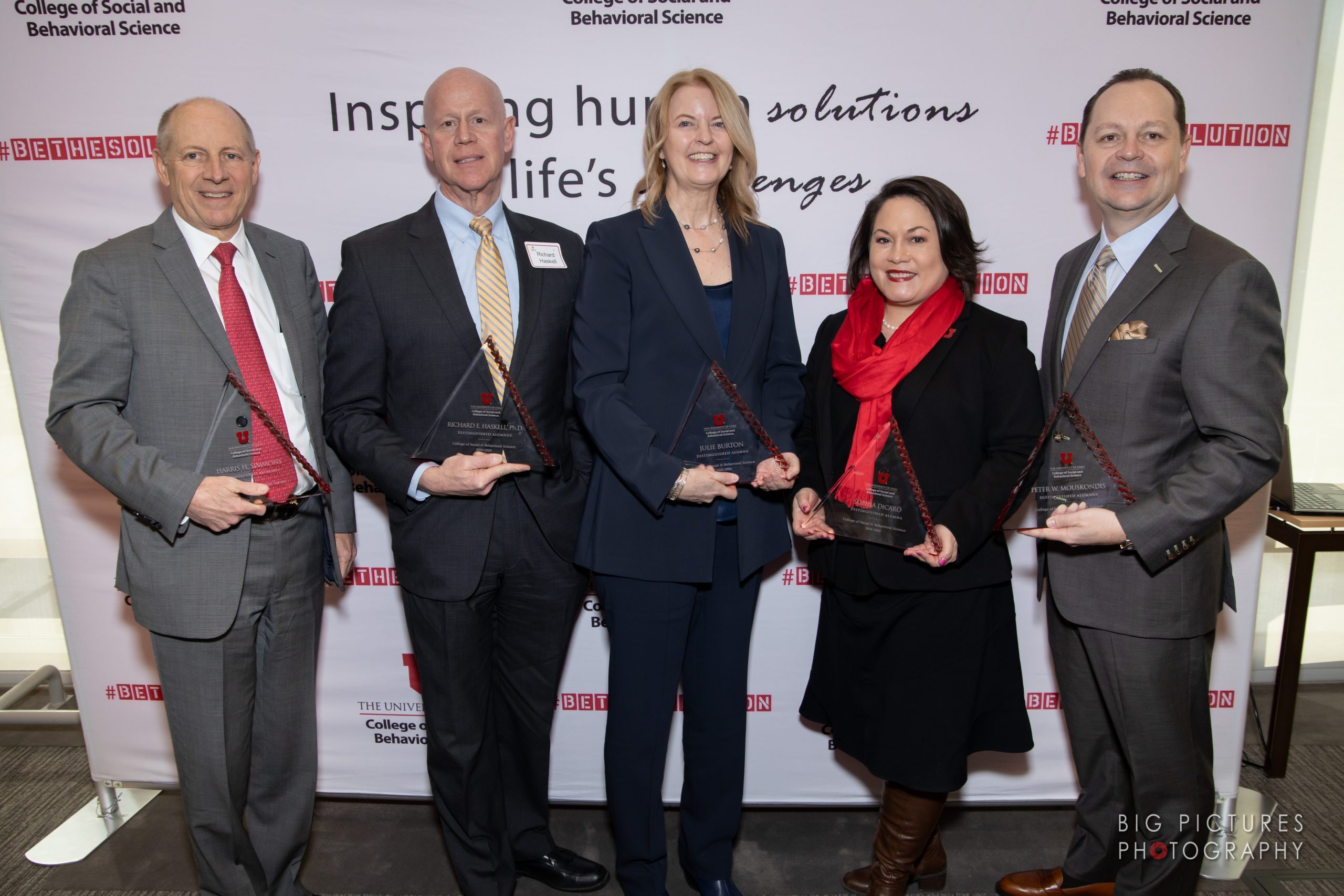 University of Utah College of Social and Behavioral Sciences Distinguished Alumni - left to right: Harris Simmons, Rick Haskell, Julie Burton, Sophia DiCaro, and Peter Mouskondis. (Big Pictures Photography)